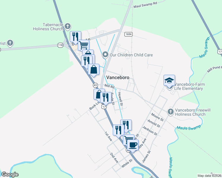 map of restaurants, bars, coffee shops, grocery stores, and more near 8226 Main Street in Vanceboro