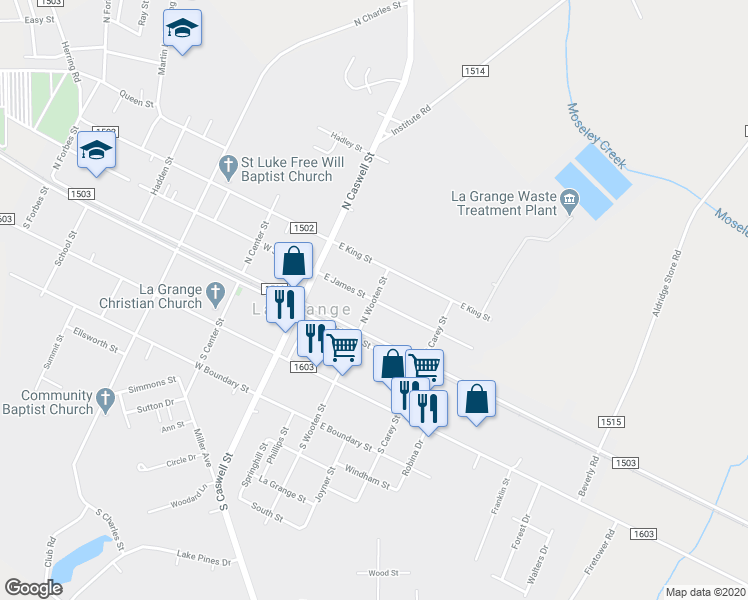 map of restaurants, bars, coffee shops, grocery stores, and more near 200 North Wooten Street in La Grange
