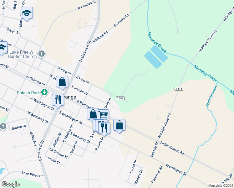 map of restaurants, bars, coffee shops, grocery stores, and more near 305 East King Street in La Grange