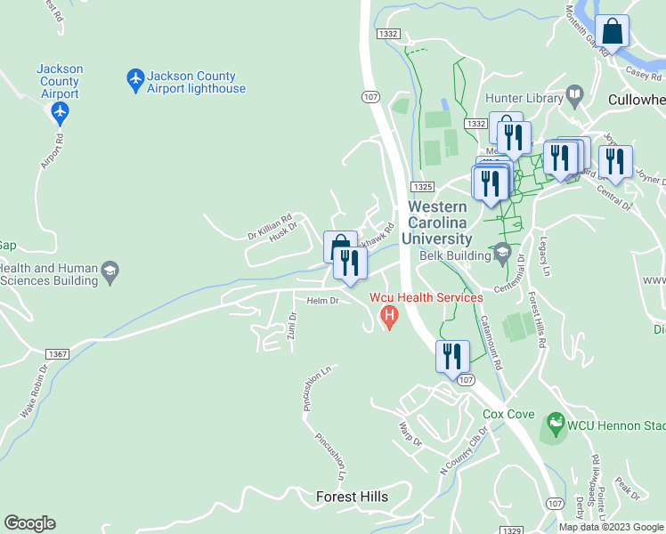 map of restaurants, bars, coffee shops, grocery stores, and more near 275 Blackhawk Road in Cullowhee