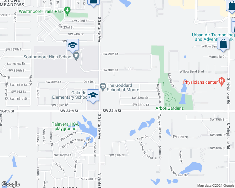 map of restaurants, bars, coffee shops, grocery stores, and more near 3111 Carey Place in Moore