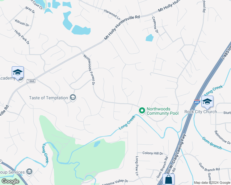 map of restaurants, bars, coffee shops, grocery stores, and more near 1800 Running Brook Road in Charlotte