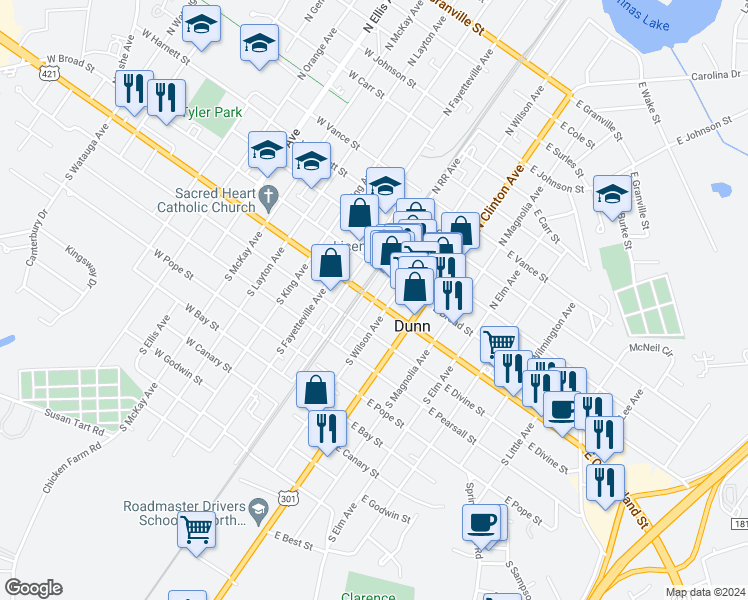 map of restaurants, bars, coffee shops, grocery stores, and more near North Carolina 55 in Dunn