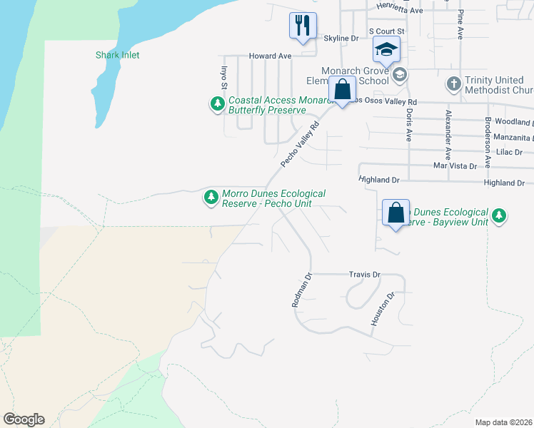 map of restaurants, bars, coffee shops, grocery stores, and more near 218 Madera Street in Baywood-Los Osos