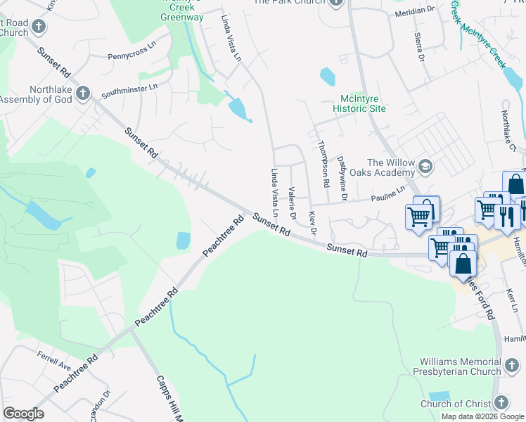 map of restaurants, bars, coffee shops, grocery stores, and more near 3437 Sunset Road in Charlotte
