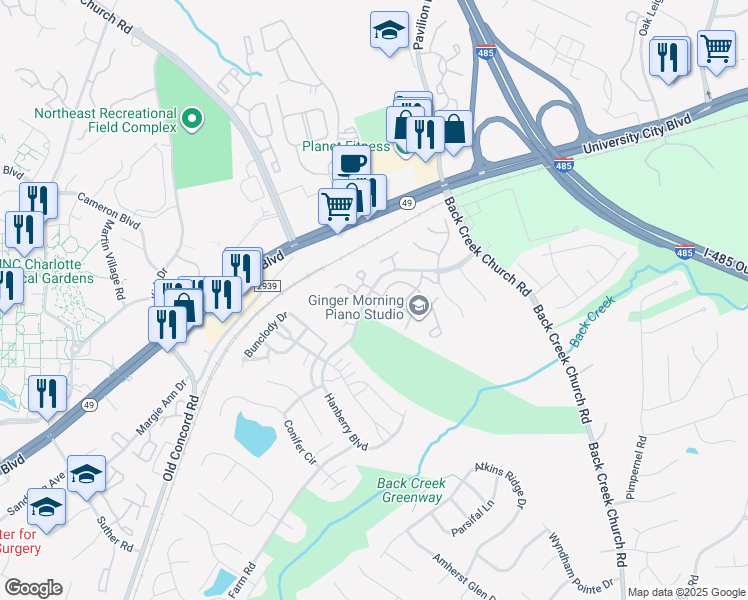 map of restaurants, bars, coffee shops, grocery stores, and more near 10010 University Park Lane in Charlotte