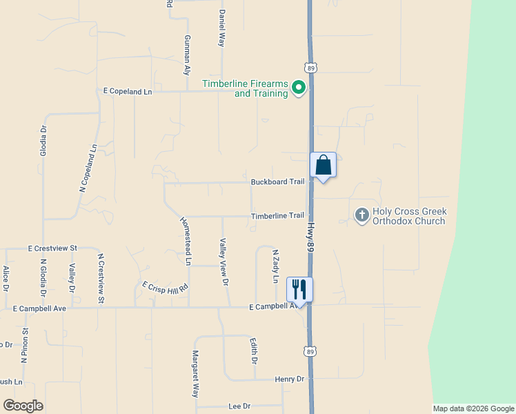 map of restaurants, bars, coffee shops, grocery stores, and more near 5835 Timberline Trail in Flagstaff