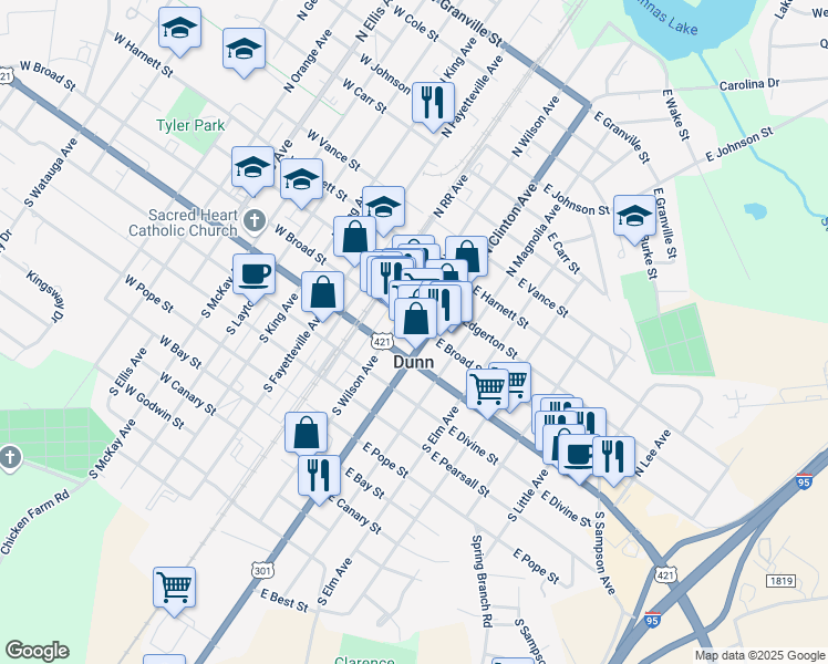 map of restaurants, bars, coffee shops, grocery stores, and more near in Dunn