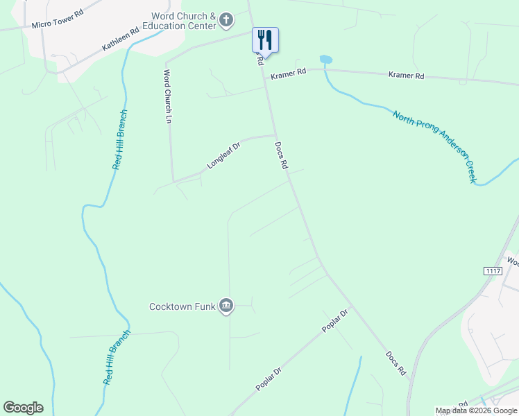 map of restaurants, bars, coffee shops, grocery stores, and more near 119 Colonial Hills Drive in Lillington