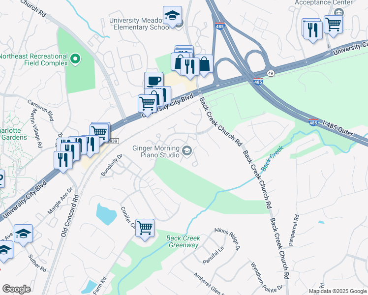 map of restaurants, bars, coffee shops, grocery stores, and more near 2017 University Heights Lane in Charlotte