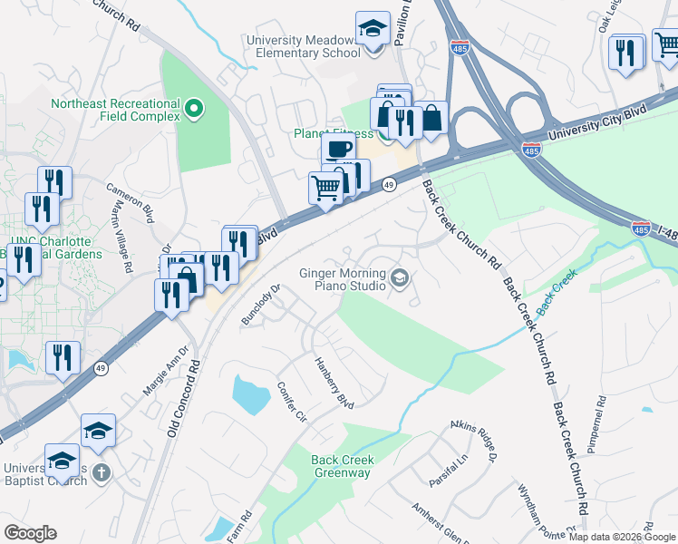 map of restaurants, bars, coffee shops, grocery stores, and more near 1752 Pergola Place in Charlotte