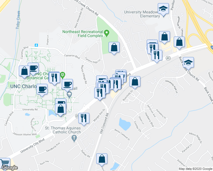 map of restaurants, bars, coffee shops, grocery stores, and more near 9610 University City Boulevard in Charlotte