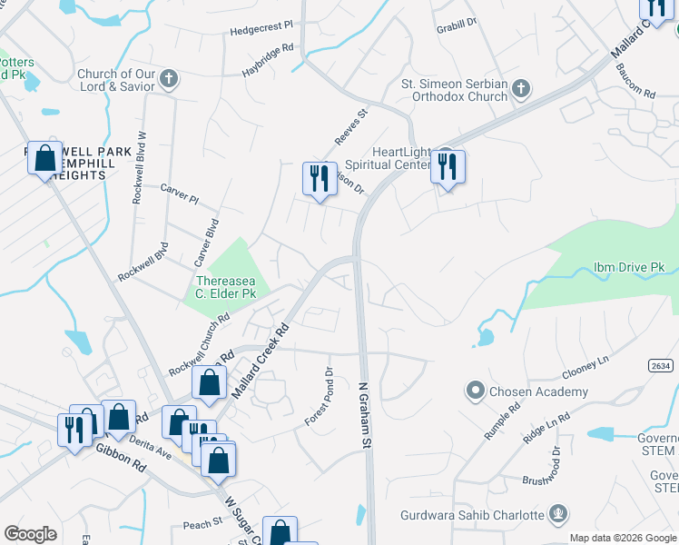 map of restaurants, bars, coffee shops, grocery stores, and more near 6203 Creek Park Drive in Charlotte