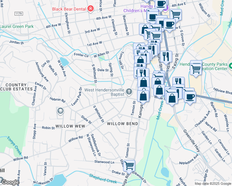 map of restaurants, bars, coffee shops, grocery stores, and more near 707 Spring Street in Hendersonville