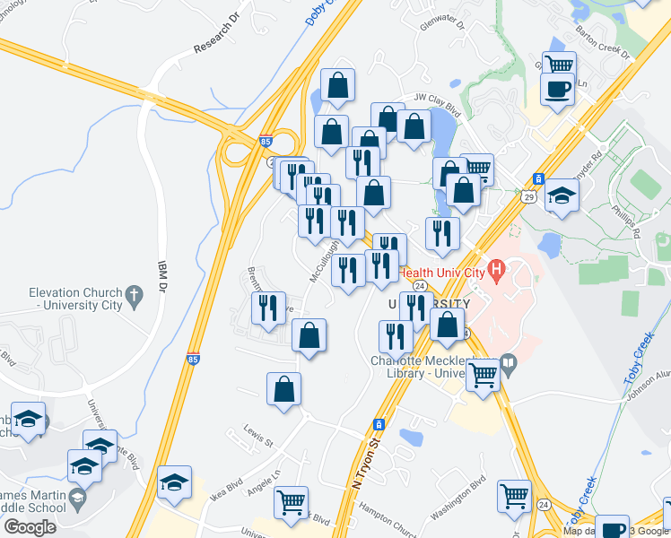 map of restaurants, bars, coffee shops, grocery stores, and more near 415 West W T Harris Boulevard in Charlotte
