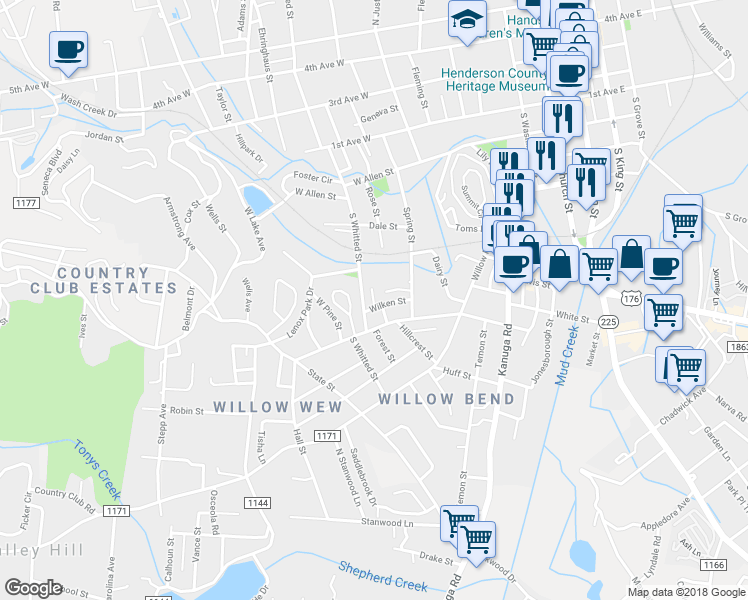 map of restaurants, bars, coffee shops, grocery stores, and more near 610 Lenox Place in Hendersonville