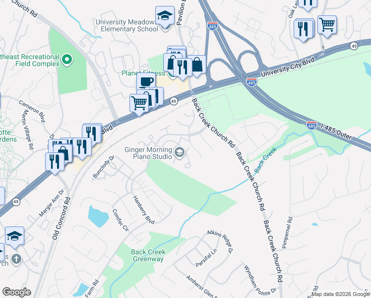 map of restaurants, bars, coffee shops, grocery stores, and more near 2017 University Heights Lane in Charlotte
