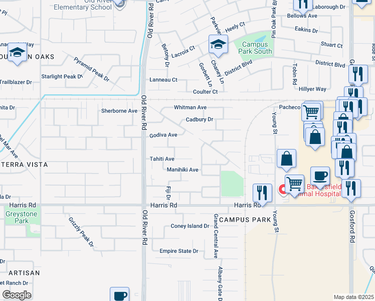 map of restaurants, bars, coffee shops, grocery stores, and more near 9315 Degranvelle Drive in Bakersfield