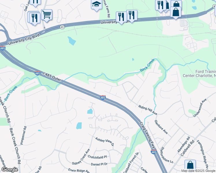 map of restaurants, bars, coffee shops, grocery stores, and more near 4915 Abercromby Street in Charlotte