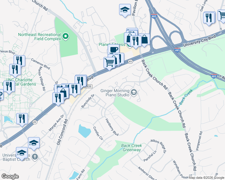 map of restaurants, bars, coffee shops, grocery stores, and more near 1752 Pergola Place in Charlotte
