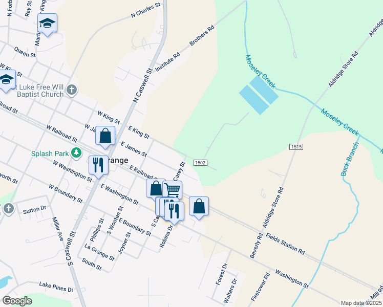map of restaurants, bars, coffee shops, grocery stores, and more near 303 East King Street in La Grange