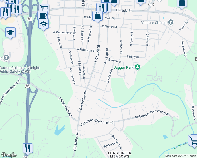 map of restaurants, bars, coffee shops, grocery stores, and more near 509 South College Street in Dallas