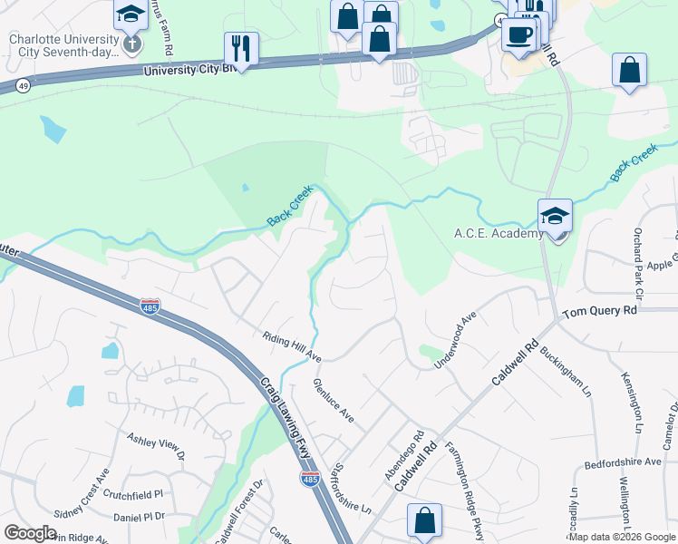 map of restaurants, bars, coffee shops, grocery stores, and more near 11803 Cheviott Hill Lane in Charlotte