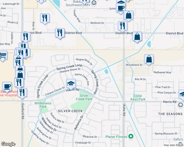 map of restaurants, bars, coffee shops, grocery stores, and more near 4742 Shadow Stone Street in Bakersfield