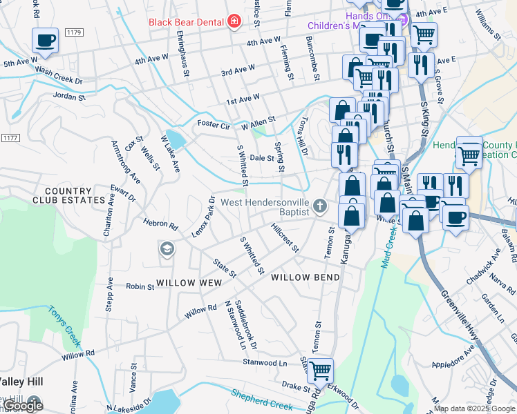 map of restaurants, bars, coffee shops, grocery stores, and more near 805 Wilken Street in Hendersonville