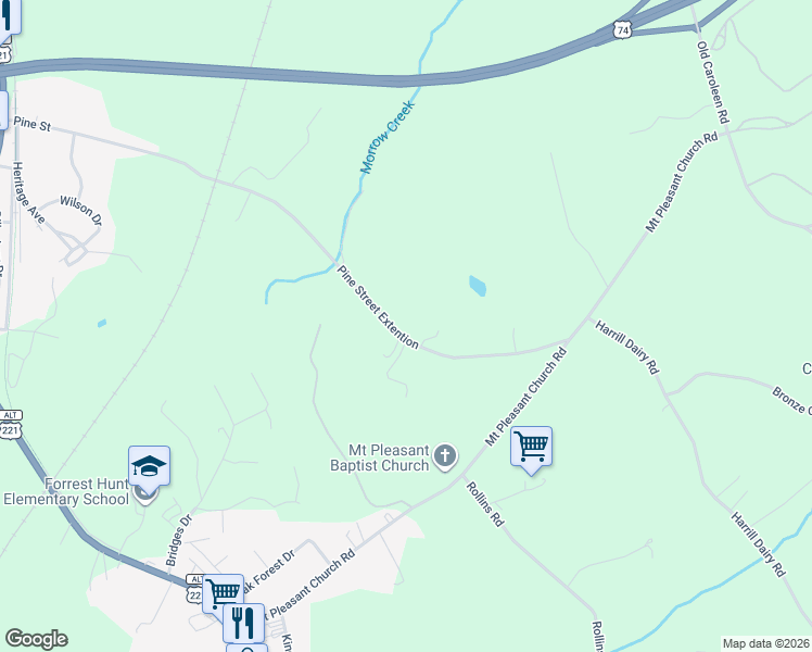 map of restaurants, bars, coffee shops, grocery stores, and more near 644 Pine Street Extention in Forest City
