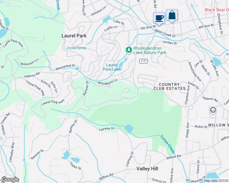 map of restaurants, bars, coffee shops, grocery stores, and more near 125 Bent Tree Drive in Laurel Park