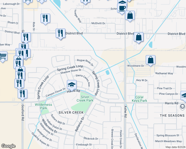 map of restaurants, bars, coffee shops, grocery stores, and more near 4742 Shadow Stone Street in Bakersfield