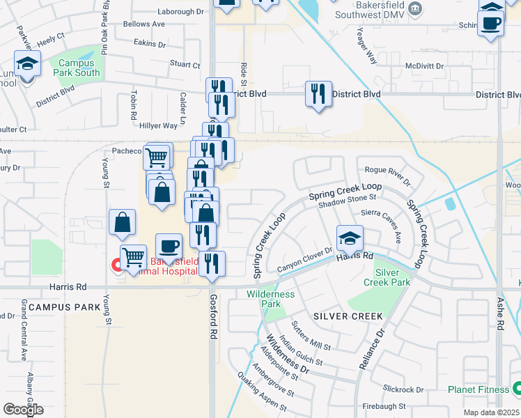 map of restaurants, bars, coffee shops, grocery stores, and more near 7801 Rushing River Court in Bakersfield
