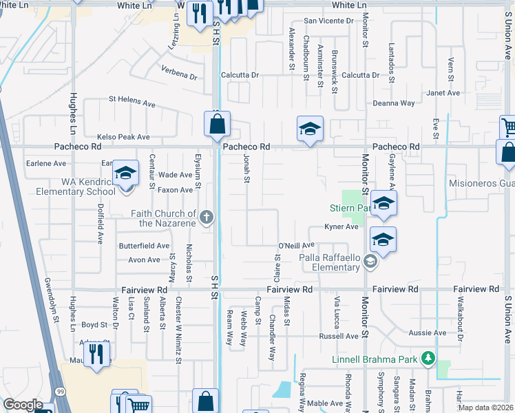 map of restaurants, bars, coffee shops, grocery stores, and more near 5224 Jonah Street in Bakersfield
