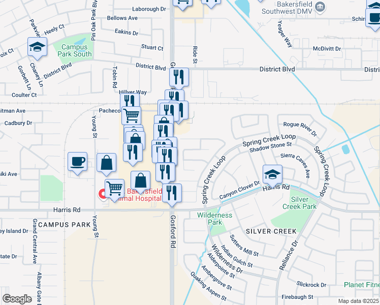 map of restaurants, bars, coffee shops, grocery stores, and more near 8004 Moss Crossing Avenue in Bakersfield