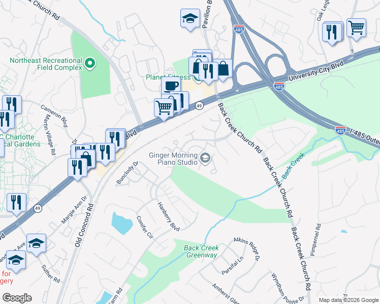 map of restaurants, bars, coffee shops, grocery stores, and more near 10010 University Park Lane in Charlotte