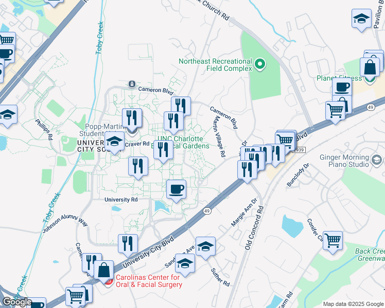 map of restaurants, bars, coffee shops, grocery stores, and more near 9201 University City Boulevard in Charlotte