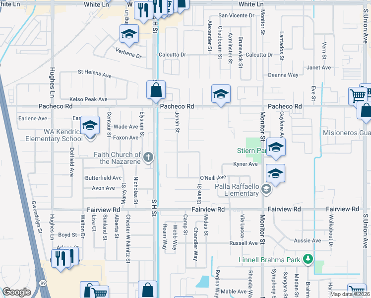 map of restaurants, bars, coffee shops, grocery stores, and more near 5224 Jonah Street in Bakersfield