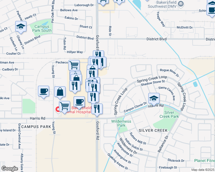 map of restaurants, bars, coffee shops, grocery stores, and more near 8004 Moss Crossing Avenue in Bakersfield
