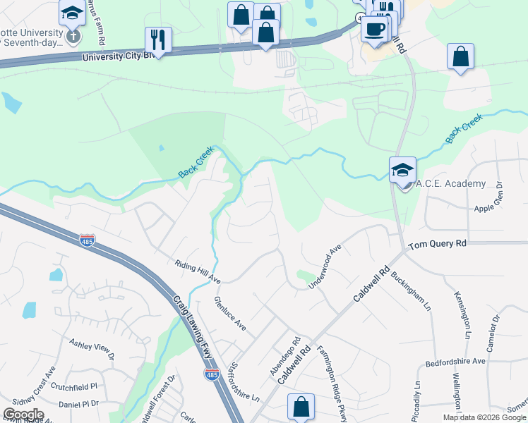 map of restaurants, bars, coffee shops, grocery stores, and more near 11903 Cheviott Hill Lane in Charlotte
