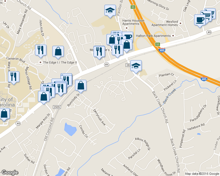 map of restaurants, bars, coffee shops, grocery stores, and more near 10010 University Park Lane in Charlotte