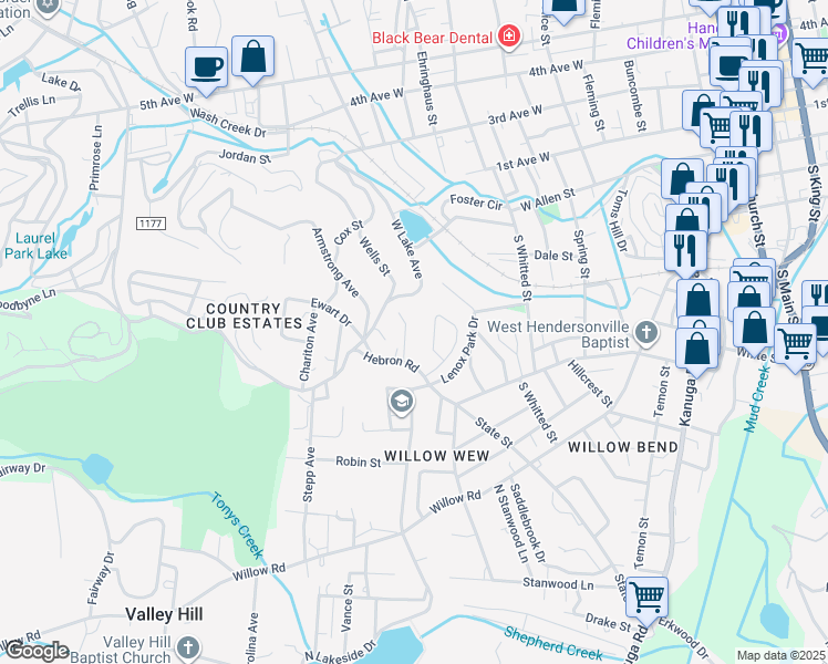 map of restaurants, bars, coffee shops, grocery stores, and more near 1236 Pinebrook Circle in Hendersonville