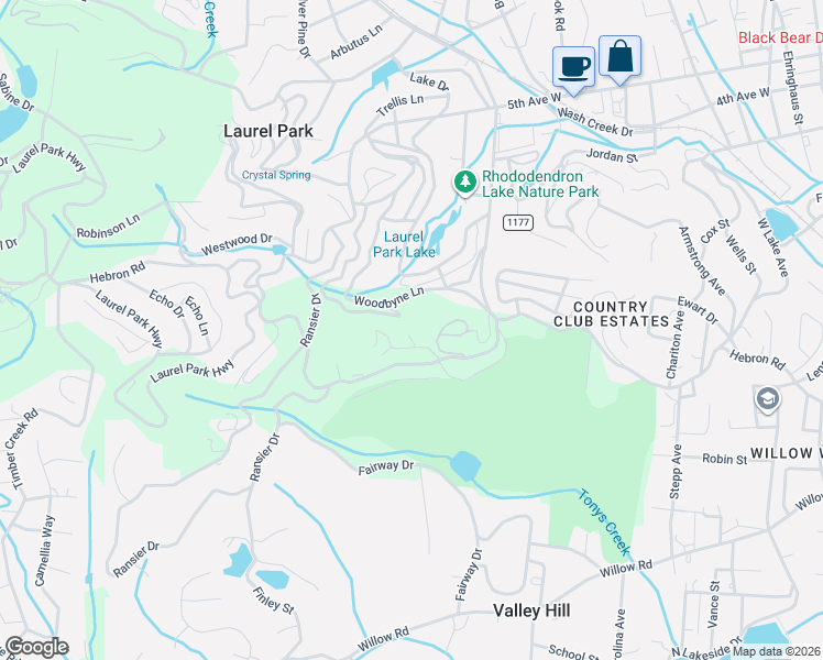 map of restaurants, bars, coffee shops, grocery stores, and more near 125 Bent Tree Drive in Laurel Park