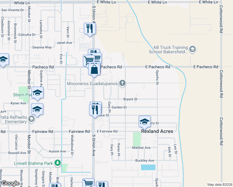 map of restaurants, bars, coffee shops, grocery stores, and more near 2713 Karen Place in Bakersfield
