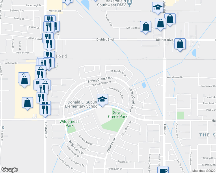 map of restaurants, bars, coffee shops, grocery stores, and more near 5212 Sierra Caves Avenue in Bakersfield