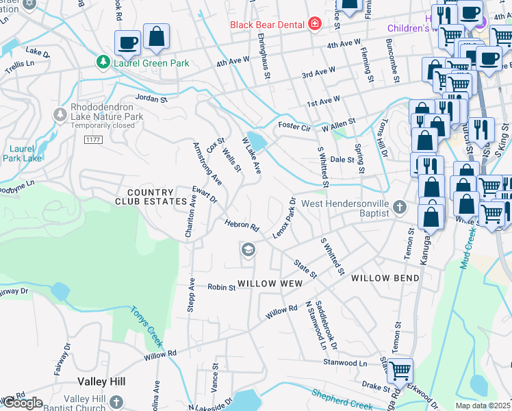 map of restaurants, bars, coffee shops, grocery stores, and more near 1236 Pinebrook Circle in Hendersonville