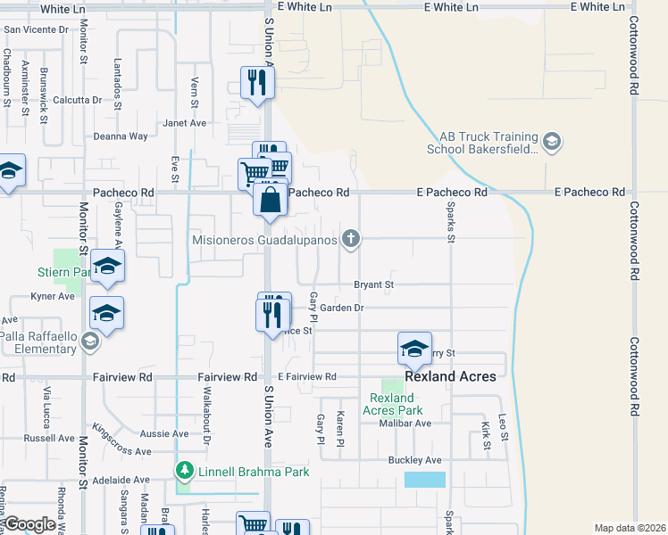 map of restaurants, bars, coffee shops, grocery stores, and more near 2732 Karen Place in Bakersfield