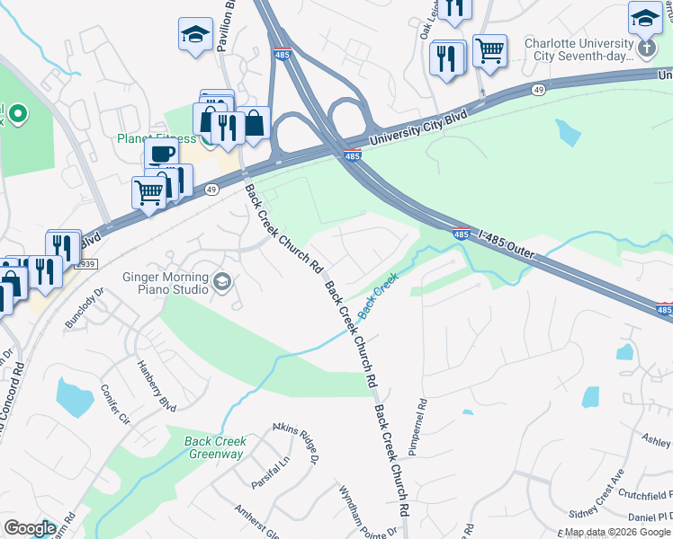 map of restaurants, bars, coffee shops, grocery stores, and more near 10308 Wakerobin Lane in Charlotte