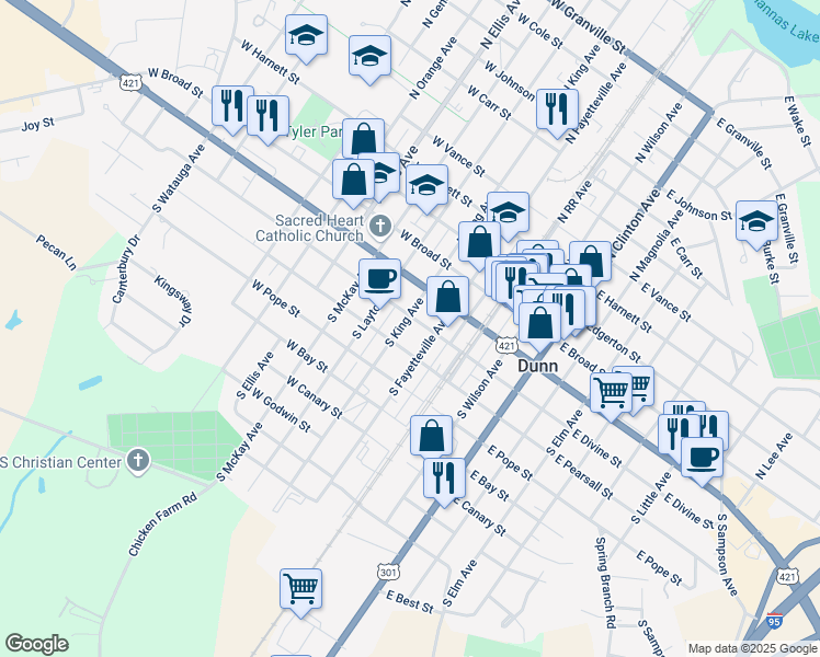 map of restaurants, bars, coffee shops, grocery stores, and more near 209 West Divine Street in Dunn