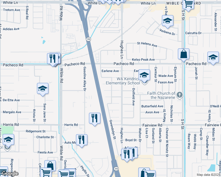 map of restaurants, bars, coffee shops, grocery stores, and more near 2600 Miria Drive in Bakersfield
